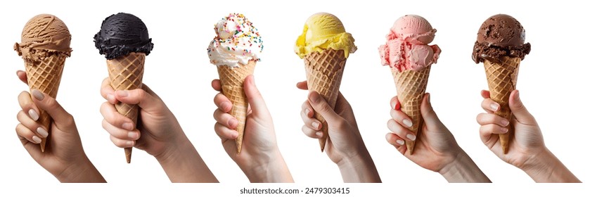 Collection of hand holding Ice cream scoop on waffle cone on background cutout file. Many assorted different flavour Mockup template for artwork design	
 - Powered by Shutterstock