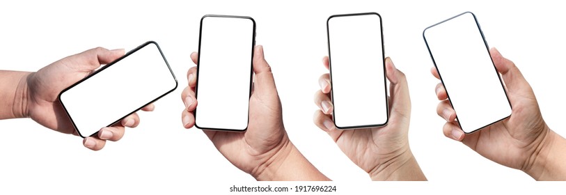 collection of hand holding mobile phone blank touch screen. isolated on white background. Business man hand holding a modern smartphone. - Shutterstock ID 1917696224