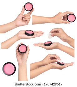 Collection of hand holding Modern cheek blush or makeup powder ads, package cute isolated on white background