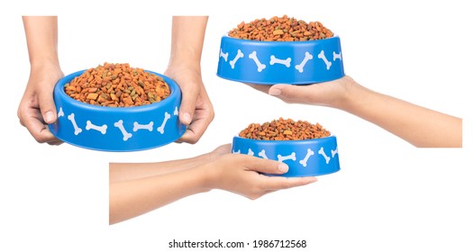 Collection Of Hand Holding Pet Food In Bowl Isolated On A White Background.