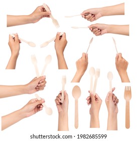 Collection Of Hand Holding Wood Fork And Spoon Isolated On White Background