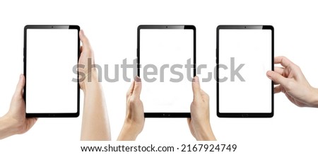 Collection of hands with black tablets, isolated on white background
