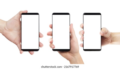 Collection Of Hands Holding Black Smartphones, Isolated On White Background