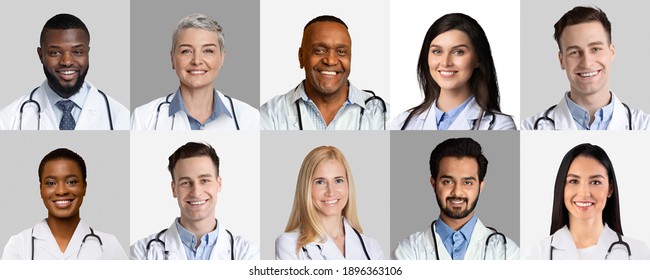 Collection Of Happy Doctors And Nurses Headshots In Collage On Gray And White Backgrounds. Portraits Of Multiracial Successful Medical Workers And Physicians In Uniform. Panorama