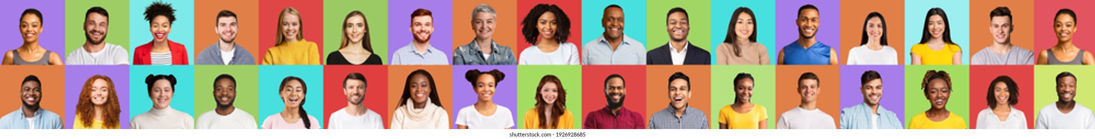 Collection Of Happy Millennial People Faces, Diverse Portraits Collage Of Young Men And Women Of Different Ethnicity And Age Smiling Posing On Colorful Studio Backgrounds. Panorama