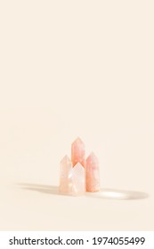 Collection Of Healing Crystal Pencils, Bundle Of Quartz Gemstones On Pastel Neutral Color Background. Modern Mystic And Alternative Spiritual Method Concept