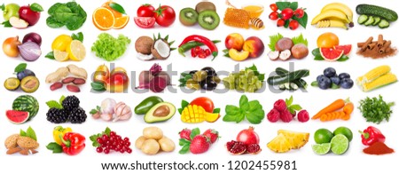 collection of healthy food isolated on white background, set of fresh fruits and vegetables