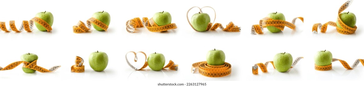 Collection of healthy life and body control photos with apple and tape measure as the main subject with various views. Front view.