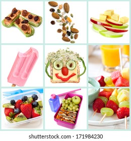 Collection Of Healthy Snacks Particularly For Children.  Includes Ants On A Log, Trail Mix, Apple And Cheese, Frozen Yogurt, Smiley Face Sandwich, Fruit Salad And Kebabs, And A Healthy Lunchbox.