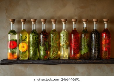 Collection of Herb-Infused Oils in Glass Bottles Captivating Image of Artisanal Craft - Powered by Shutterstock