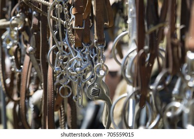 A Collection of Horse Bits Hanging Up Against Out of Focus Background - Selective Focus
