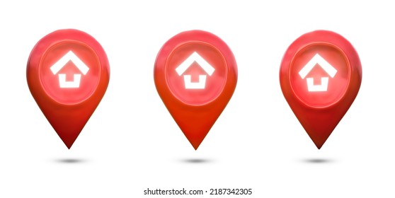 Collection, House symbol with red location pin icon on white background. real estate sale or property investment concept, Buying new home for family - 3d illustration.