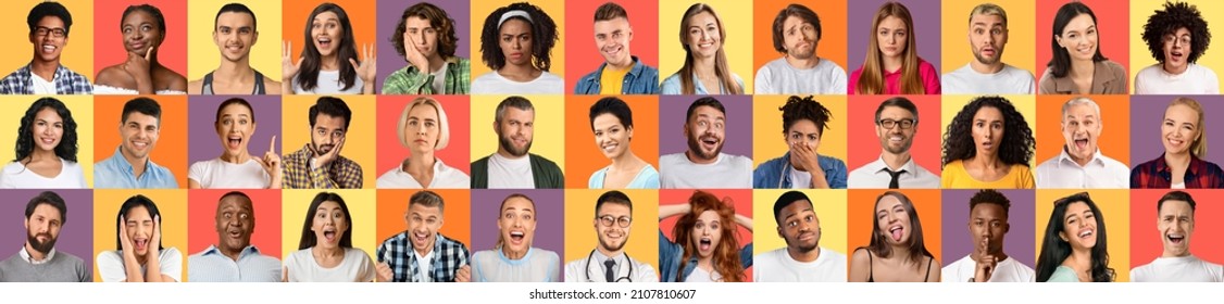 Collection of human faces. Collage of diverse male and female portraits showing feelings and emotions on different color backgrounds, panorama. Multicultural people headshots set - Powered by Shutterstock