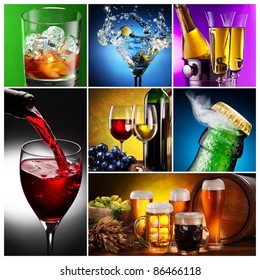 Collection of images of alcohol in different ways. Alcohol background.