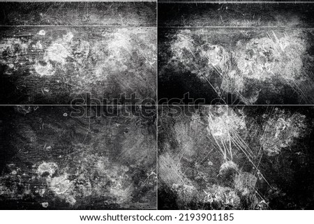 Collection of images with scratched dirty dusty copper plate texture, old metal background. Cloudy and scratchy brass. Black and white.