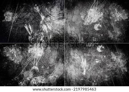 Collection of images with scratched dirty dusty copper plate texture, old metal background. Cloudy and scratchy brass. Black and white.