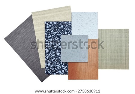 Collection of Interior Design Material Samples including Terrazzo Stone, Quartz, Wood Laminate, and Textured Fabrics for Architectural Mood Board isolated on background with clipping path.