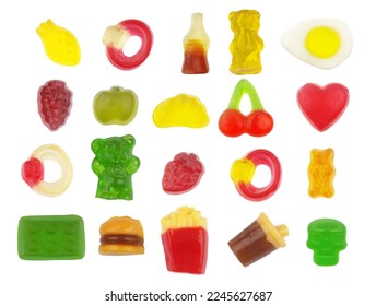 Collection of isolated different fruit jelly candies. Gummy candies collection.