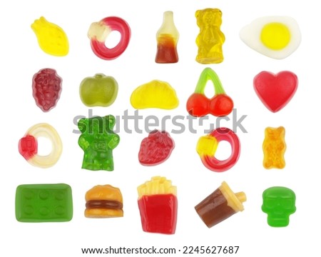 Collection of isolated different fruit jelly candies. Gummy candies collection.