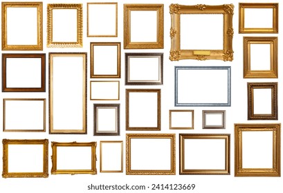 collection of isolated old fashioned empty art frames in different shapes