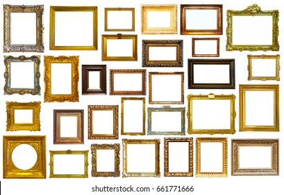 Collection Of Isolated Old Fashioned Empty Art Frames In Different Shapes