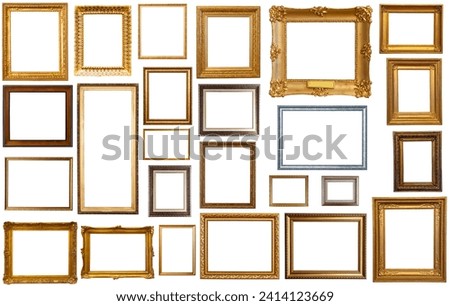 collection of isolated old fashioned empty art frames in different shapes