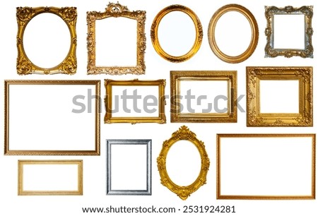 collection of isolated old fashioned empty art frames in different shapes