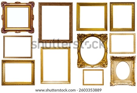 collection of isolated old fashioned empty art frames in different shapes