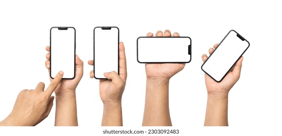 Collection of isolation of Hand holding  blank screen of smartphone on white background with clipping path for mockup advertisement and social icon. - Shutterstock ID 2303092483