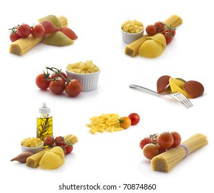 Collection of Italian pasta : Pasta, tomatoes, shallot and oil isolated on white - Shutterstock ID 70874860