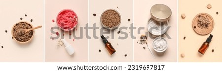 Collection of jars with different body scrubs on beige background