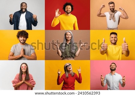 A collection of joyful individuals each displaying a unique gesture of celebration or calm against vividly colored backdrops. The composition celebrates positivity and well-being