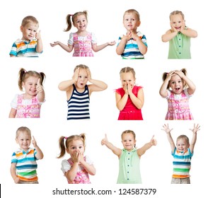 Collection Of Kids With Different Positive Emotions Isolated On White Background