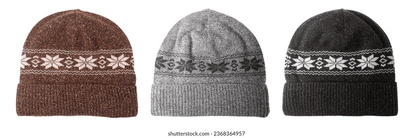 Collection of knit winter beanie hats decorated with nordic geometric ornament isolated on white background