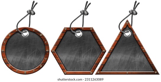 Collection of labels with wooden frame (circle, triangle and hexagon shape), blank blackboard with copy space and steel cable for hanging. Isolated on white background. 3D illustration and photography - Shutterstock ID 2311263089