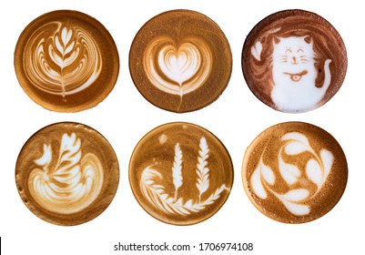 Collection of Latte art coffee on white background isolated.