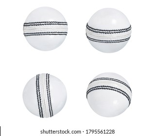 collection of leather Cricket ball hard thread stitch close-up isolated on white background white ball