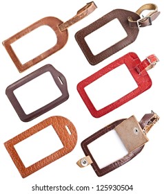 Collection Of Leather Luggage Tags Isolated On White Background