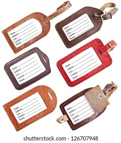 Collection Of Leather Luggage Tags Isolated On White Background