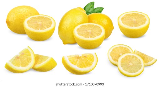 Collection Lemon and hafl slice with leaf isolated on white