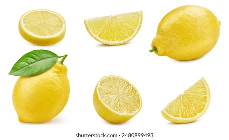 Collection lemon with leaves. Lemon isolated on white background. Lemon fruit clipping path. Lemon macro studio photo