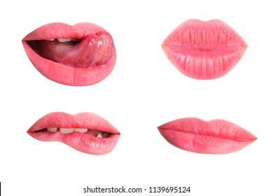 Collection Of Lips On A White Background. Girl Teenager Expressing Different Emotions. Kiss, Biting Lip, Licking, Tongue Out, Smirk