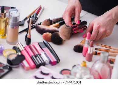 Collection Make Products Displayed On Table Stock Photo 744471001 ...