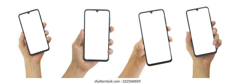 Collection of Male hand holding mobile smartphone with blank screen isolated on white background. clipping path include