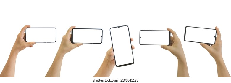 Collection of male hands holding mobile smartphone with blank white screen isolated on white background include clipping path. - Shutterstock ID 2195841123