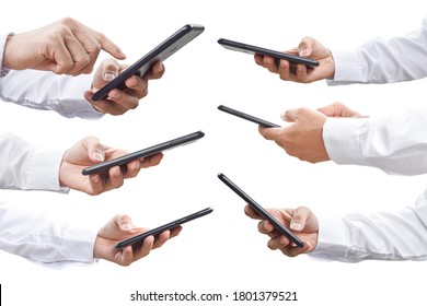 Collection Of Man Hand Using Mobile Smartphone Isolated On White Background With Clipping Path. Side View