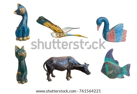 collection Many animals toy is made of wood. isolated on white background.