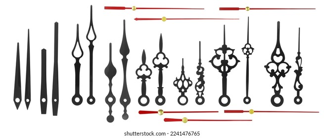 Collection of metal clock hands, pointers or arrows isolated on white background.