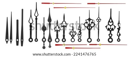 Collection of metal clock hands, pointers or arrows isolated on white background.