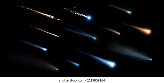 Collection of meteorites, asteroids, comets, meteors, comet tail isolated on a black background.  Elements of this image furnished by NASA. - Shutterstock ID 2119839164